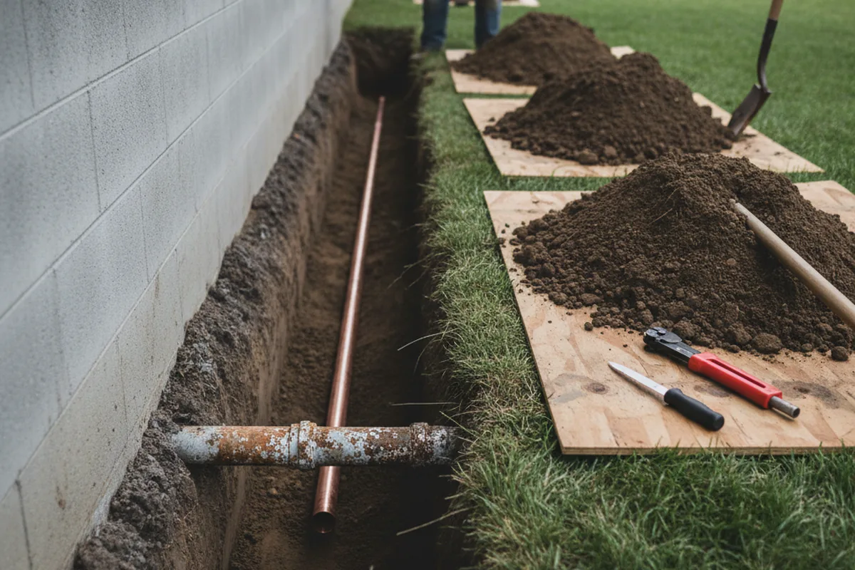 Excavated water line trench during Sewer Line Repair in Ayer